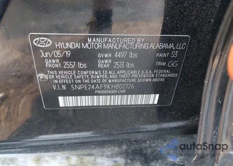 2019 Hyundai Sonata Se z USA, uszkodzony, nr VIN 5NPE24AF9KH802126